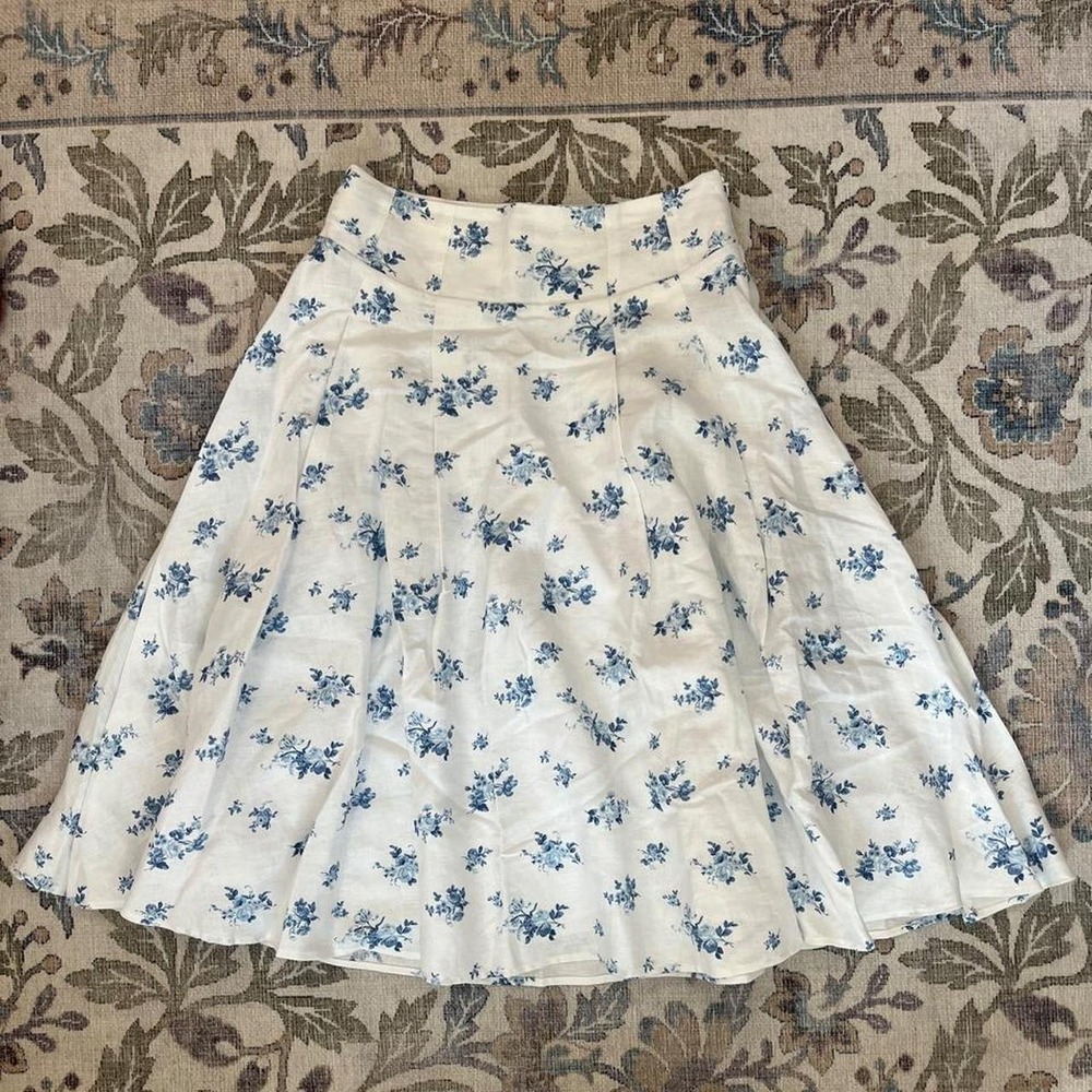 Reformation Fairmont Linen Midi Skirt Womens 6 Blue White Floral Excellent
